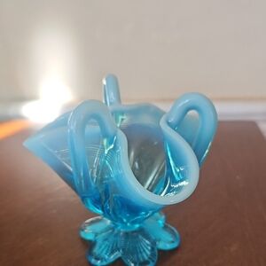 Davidson's Blue Pearline 'Lady Caroline' Three Handled Glass Posy Vase c1895